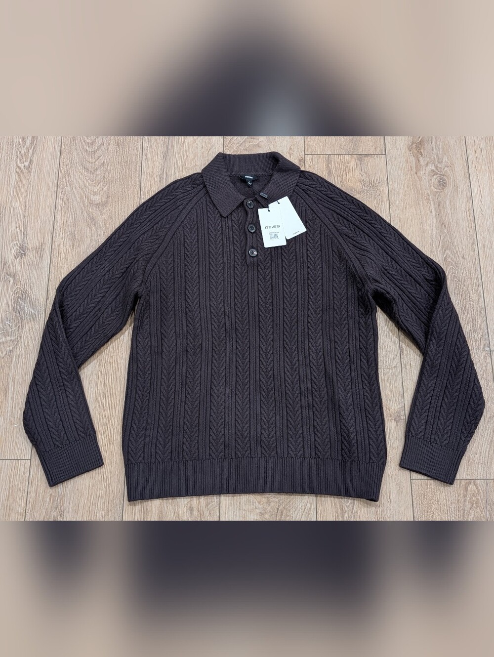 $245 Mens REISS "Evesham" Cable Stitch Polo Sweater Chocolate Large